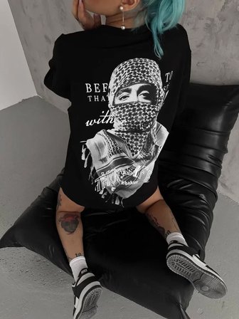 İKALES Unisex Baskılı Oversize T-Shirt - Siyah