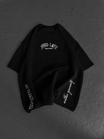İKALES Unisex Baskılı Oversize T-Shirt - Siyah