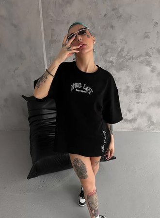 İKALES Unisex Baskılı Oversize T-Shirt - Siyah