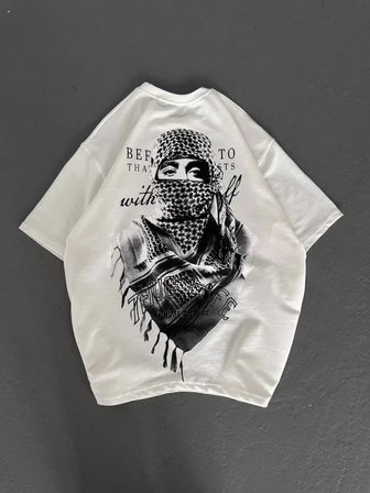 İKALES Unisex Baskılı Oversize T-Shirt - Beyaz