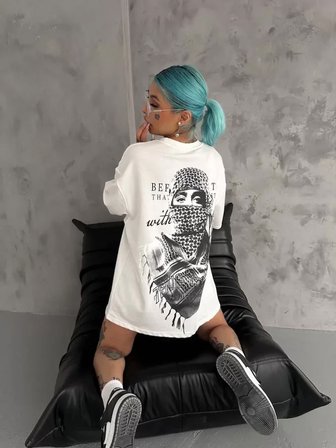 İKALES Unisex Baskılı Oversize T-Shirt - Beyaz