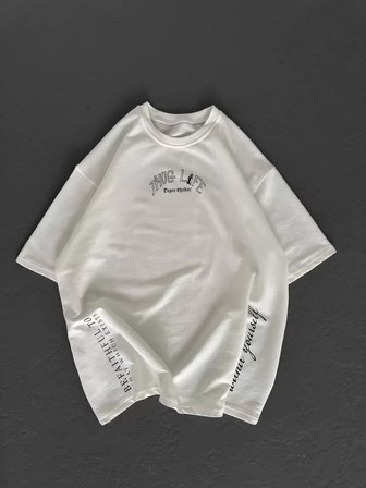 İKALES Unisex Baskılı Oversize T-Shirt - Beyaz