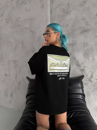 İKALES Unisex Baskılı Oversize T-Shirt - Siyah