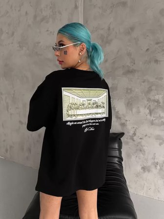 İKALES Unisex Baskılı Oversize T-Shirt - Siyah