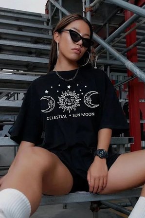 İKALES Unisex Baskılı Oversize T-Shirt - Siyah