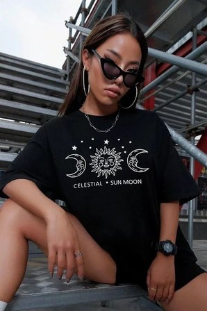 İKALES Unisex Baskılı Oversize T-Shirt - Siyah