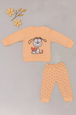 Bebek 2’li Takım – Sevimli Köpek Baskılı Sweatshirt ve Noktalı Pantolon
