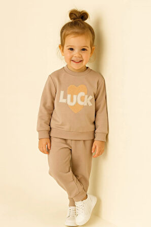Bebek Kız 2’li Takım %100 Pamuk Luck Nakışlı Sweatshirt ve Pantolon