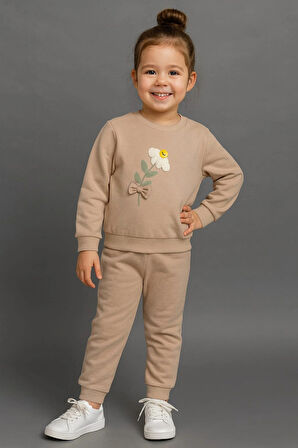 Papatya Nakışlı %100 Pamuk 2’li Çocuk Eşofman Takımı