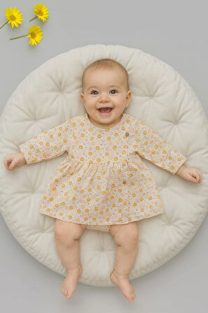 Çiçek Desenli Düğmeli Kız Bebek Elbise