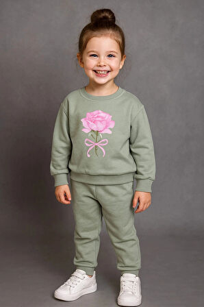 Kız Çocuk %100 Pamuk Gül Baskılı Eşofman Takımı