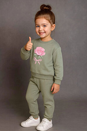 Kız Çocuk %100 Pamuk Gül Baskılı Eşofman Takımı