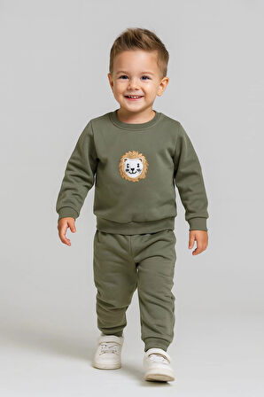 Erkek Çocuk Aslan Nakışlı 2’li Takım – Sweatshirt ve Alt Eşofman %100 Pamuk