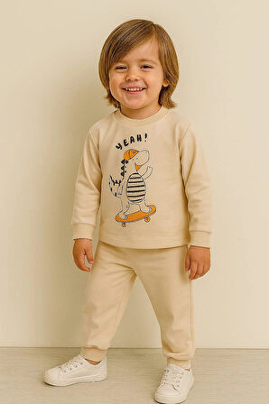 ebek Erkek 2’li Takım %100 Pamuk Kaykaylı Dinozor Desenli Sweatshirt ve Pantolon