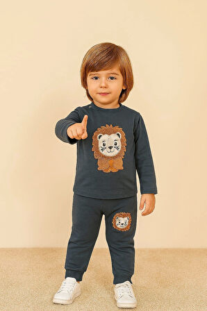 Erkek Bebek 2’li Takım %100 Pamuk Aslan Nakışlı Sweatshirt ve Pantolon
