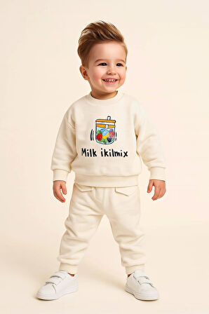 Bebek Erkek 2’li Takım %100 Pamuk Milk Desenli Sweatshirt ve Pantolon