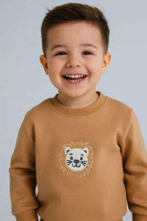 Erkek Çocuk Aslan Nakışlı 2’li Takım – Sweatshirt ve Alt Eşofman %100 Pamuk