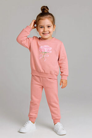 Kız Çocuk %100 Pamuk Gül Baskılı Eşofman Takımı