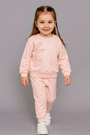 Büyük Çiçek Nakışlı %100 Pamuk 2’li Çocuk Eşofman Takımı