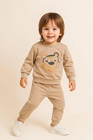 Bebek Erkek 2’li Takım %100 Pamuk Ayı Figürlü Sweatshirt ve Pantolon