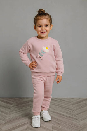 Papatya Nakışlı %100 Pamuk 2’li Çocuk Eşofman Takımı