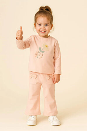 Bebek Kız 2’li Takım %100 Pamuk Çiçek ve Fiyonk Detaylı Sweatshirt ve Pantolon