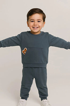 Erkek Çocuk Ayıcık Detaylı 2’li Takım %100 Pamuk