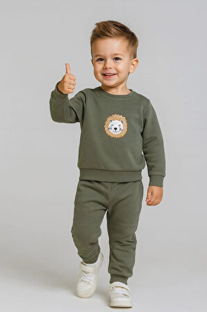 Erkek Çocuk Aslan Nakışlı 2’li Takım – Sweatshirt ve Alt Eşofman %100 Pamuk