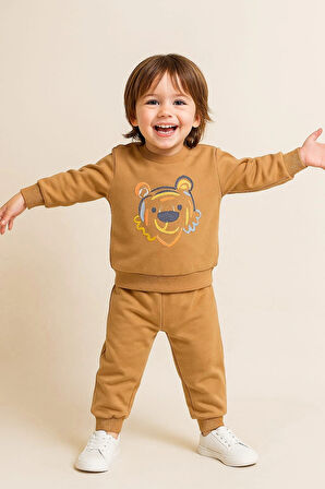 Bebek Erkek 2’li Takım %100 Pamuk Ayı Figürlü Sweatshirt ve Pantolon