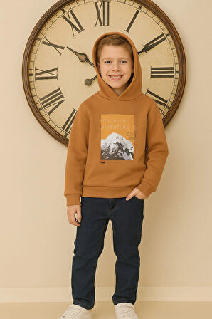 Dağ Manzaralı Baskı Detaylı Kapüşonlu Çocuk Sweatshirt