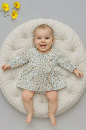 Çiçek Desenli Düğmeli Kız Bebek Elbise