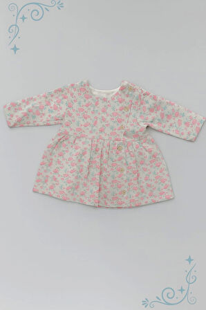 Çiçek Desenli Düğmeli Kız Bebek Elbise