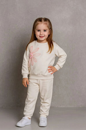 Büyük Çiçek Nakışlı %100 Pamuk 2’li Çocuk Eşofman Takımı