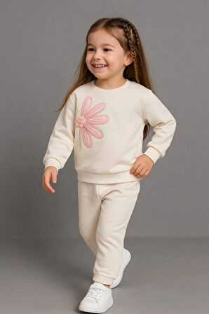 Büyük Çiçek Nakışlı %100 Pamuk 2’li Çocuk Eşofman Takımı