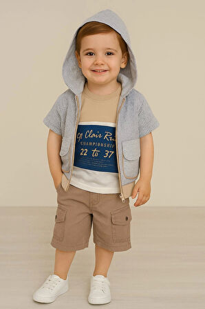 Fermuarlı Kapşonlu Gömlek Kapri 3'lü Takım