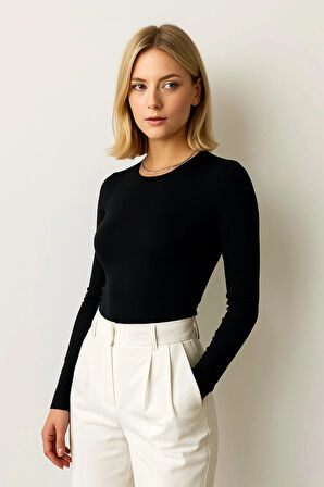 Kadın Uzun Kollu Basic Düz Form Fit Bluz