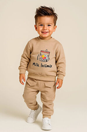 Bebek Erkek 2’li Takım %100 Pamuk Milk Desenli Sweatshirt ve Pantolon