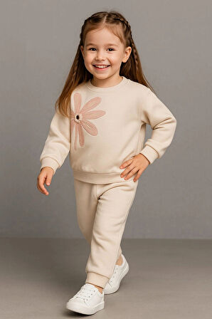 Büyük Çiçek Nakışlı %100 Pamuk 2’li Çocuk Eşofman Takımı