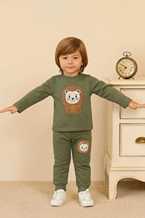 Erkek Bebek 2’li Takım %100 Pamuk Aslan Nakışlı Sweatshirt ve Pantolon