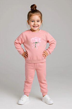 Kız Çocuk %100 Pamuk Gül Baskılı Eşofman Takımı