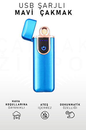 Çift Taraflı Elektrikli Usb Şarjlı Mavi Çakmak