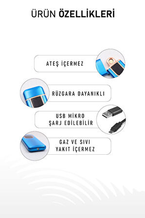 Çift Taraflı Elektrikli Usb Şarjlı Mavi Çakmak