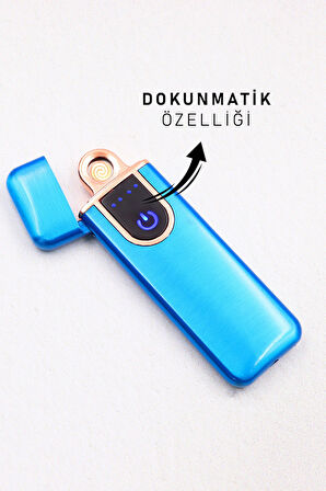 Çift Taraflı Elektrikli Usb Şarjlı Mavi Çakmak