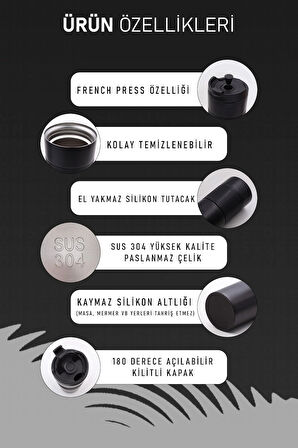 French Press Özellikli 450ml Siyah Çelik Termos