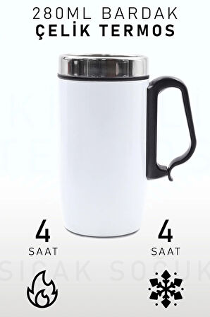 280 Ml Özel Kulplu Beyaz Bardak Çelik Termos
