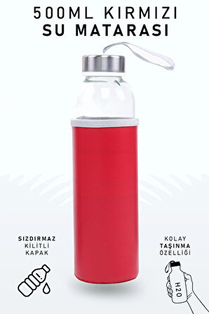 500ml Deri Kılıflı Kırmızı Cam Matara