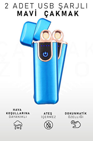 2 Adet Çift Taraflı Elektrikli Usb Şarjlı Mavi Çakmak