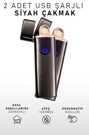 2 Adet Çift Taraflı Elektrikli Usb Şarjlı Siyah Çakmak