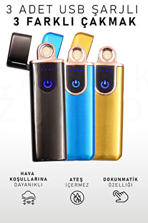 3 Adet Çift Taraflı Elektrikli Usb Şarjlı Renkli Çakmaklar
