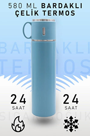 580 Ml Mavi Bardaklı Çelik Termos